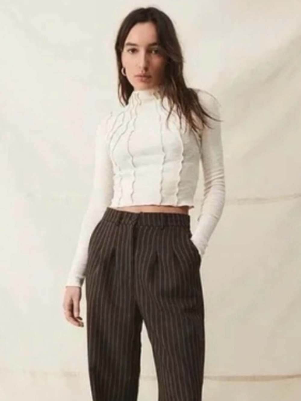 BDG Cropped Ribbed Ivory Long Sleeve Mock Neck Shirt